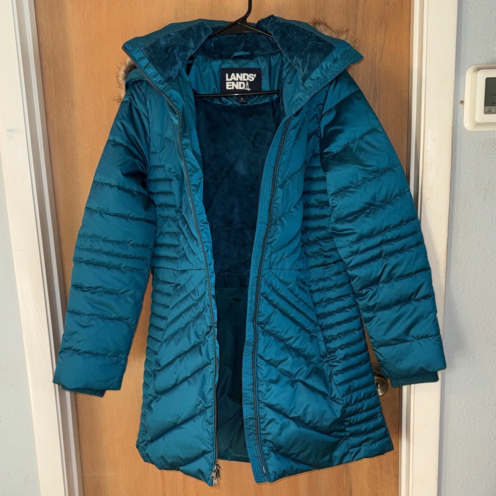 Lands' End Primaloft Fleece Lined Quilted Long Winter Coat  Hood Size Small